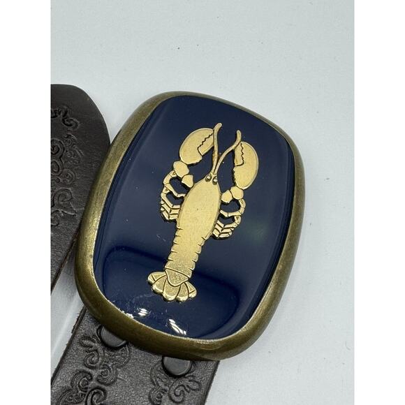 Allison Daniel Designs Brown Tooled Leather Belt Navy Gold Lobster Buckle Sz 38 - Picture 4 of 8